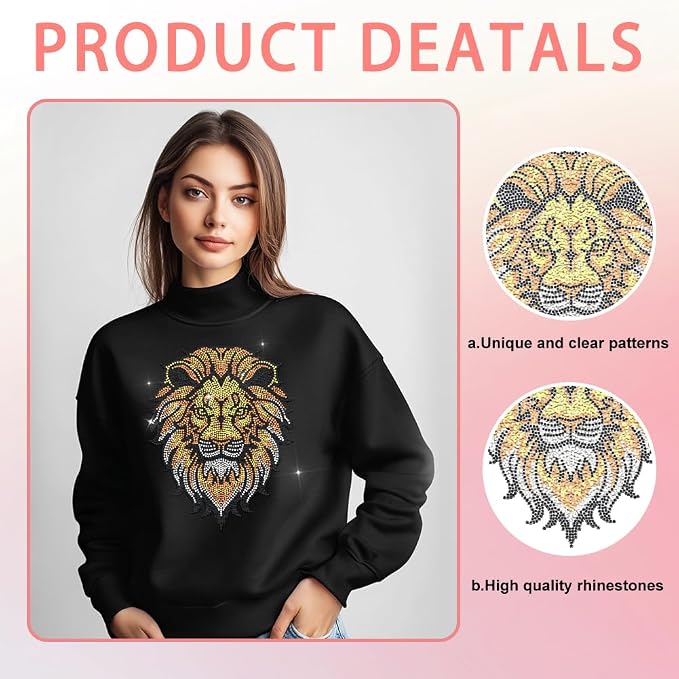 1 Pc Lion Rhinestone Iron on Hotfix Transfer Decal, Bling DIY Patch Clothing Repair Applique T-Shirt Vest Shoes Hat Jacket Decor Clothing DIY Accessories - Image 2
