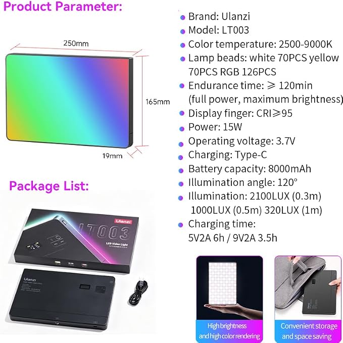 Ulanzi LT003 RGB LED Video Panel Light, 15W Big Panel 2500-9000K 8000mAh | Cri>95 360 Full Color, With Cct, Light Effects Bi- Color Modes, 120-Minute Battery Life For Content Creator Live Broadcast - Image 9