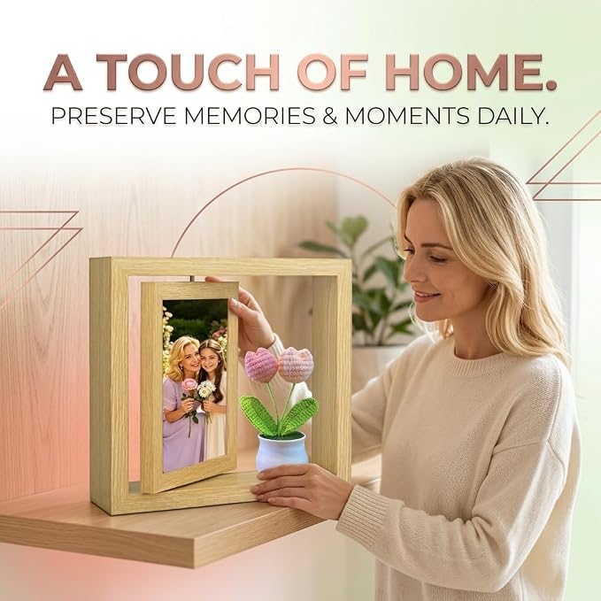 4x6 Rotating Picture Frame Desktop with Crochet Pink Tulip, 4x6 Double-Sided Display Vertical Photo- 2026 Graduation Gift for Girls Her Teacher Tulip Flower Gifts for Mom Women Office Desk Cute Decor - Image 4