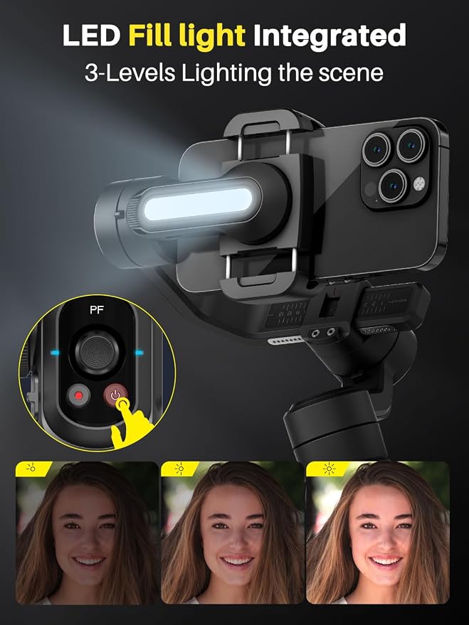AOCHUAN Professional Gimbal Stabilizer for Smartphone,Built-in 18CM Extension Rod and Powerful Fill Light,360°Inception,Face&Object Tracking Stabilizer,3-Axis Gimbal for iPhone& Android-Smart S2 - Image 4