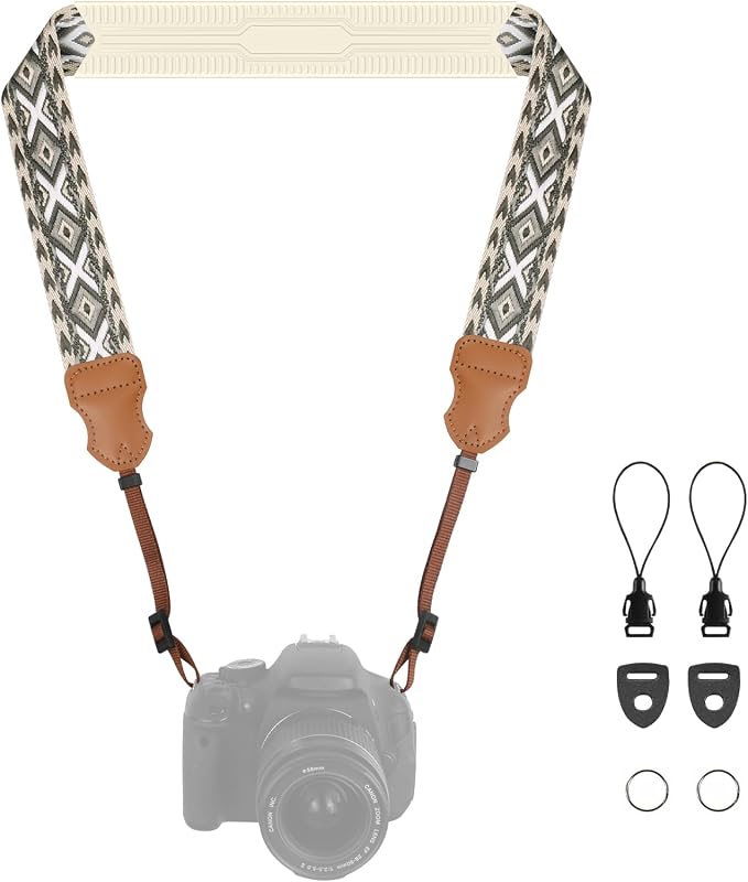 FIEIL Neck Strap Silicone Camera Straps - Padded Camera Strap, 1.5" Wide Adjustable Neck Strap - Compatible with Canon, Nikon, Sony, and More DSLR and Mirrorless Cameras (Khaki Gray White Rhombus) by FIEIL