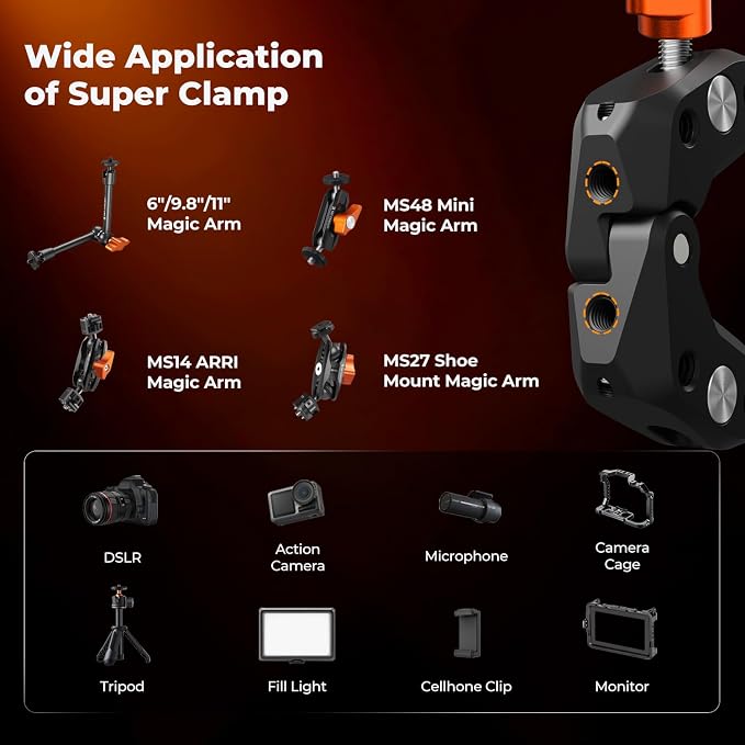 K&F CONCEPT 2 Pack Camera Mount Clamp, Super Crab Clamp with 1/4" Thread Holes for Round Pipe Flat Surface, Monitors, LED Lights, and Other Photographic Accessories - Image 4