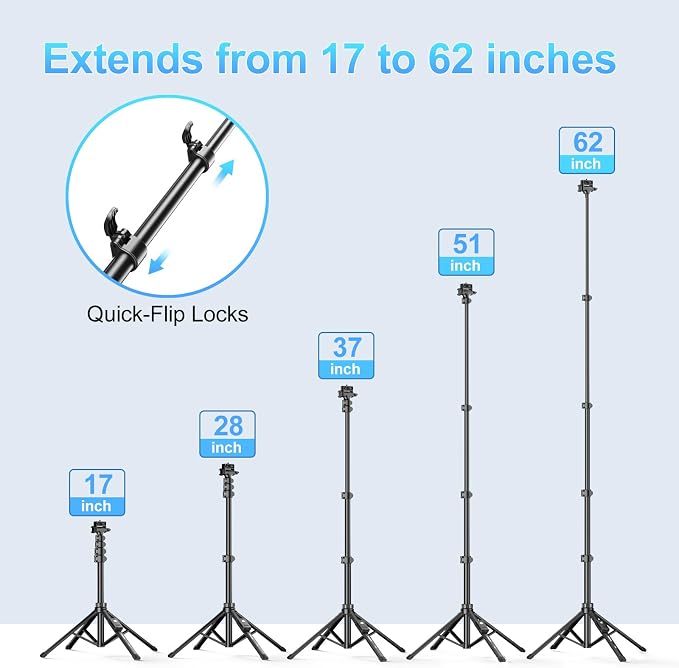 Fugetek 62" Professional Cell Phone Tripod, Ultra Stable 4 Leg Design, Bluetooth Remote, 100% All Aluminum Stick & Legs, Portable All in One, 360° Phone Mount with 2 Cold Shoe Slots, Non Skid Feet - Image 4