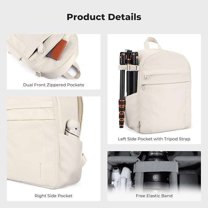 K&F CONCEPT Camera Backpack, DSLR/SLR/Mirrorless Photography Camera Bag | 14in Laptop Compartment & Rain Cover, 600D Fabric for Travel & Daily, Men & Women, Dual-Mode Detachable Dividers, Beige, B19 - Image 7