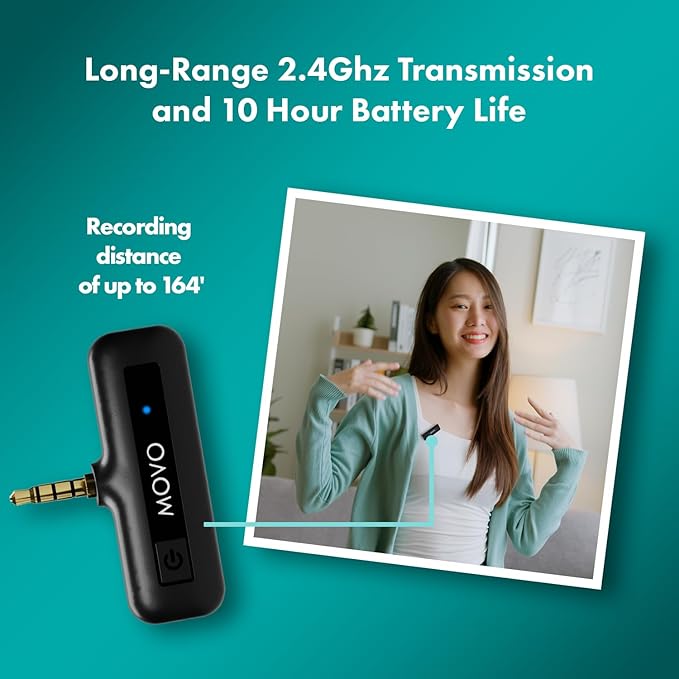 Movo Wireless Mini Camera Microphone for Video Recording- 2.4Ghz Wireless Transmitter with Clip on Lavalier Microphone for DSLR, Mirrorless Camera- Compact Lapel Mic (164FT Range, 10-Hr Battery Life) - Image 3