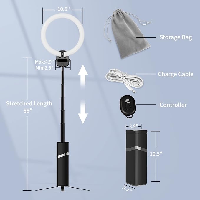 Portable Ring Light with Stand, 4000mAh Battery Operated Cordless 10" Foldable Travel Ring Light, 79" Tripod Stand for Video Conference/Selfie/Live Stream/Makeup - Image 6