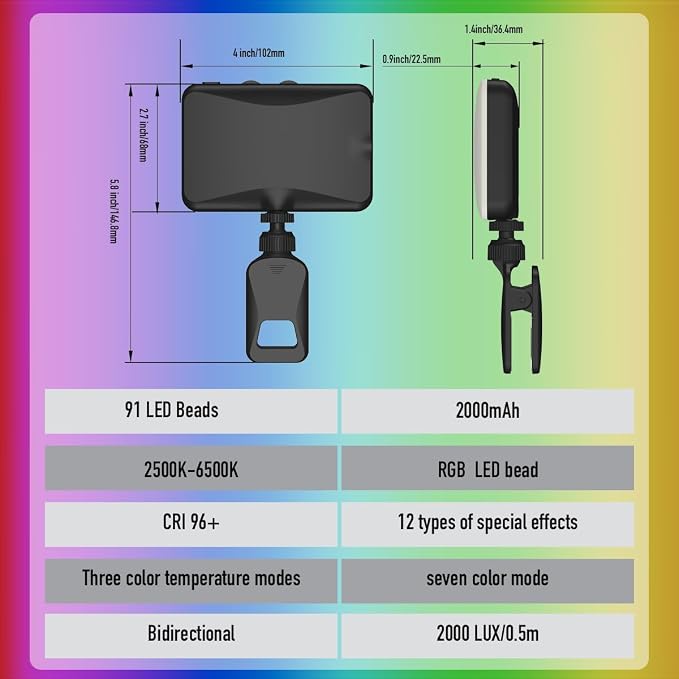 91 LED Portable Charger Selfie Light Video Conference Lighting | with Clip & Camera Tripod Adapter, Rechargeable 2000mAh, CRI 96+, 4 Light Modes, for Phone iPhone Webcam Laptop Makeup - Image 5