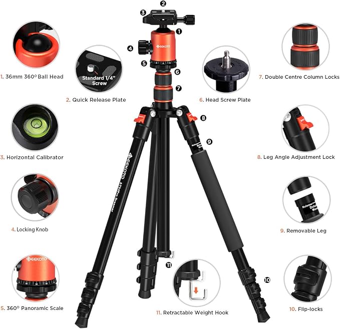 77’’ Tripod, Camera Tripod for DSLR, Compact Aluminum Tripod with 360 Degree Ball Head and 8kgs Load for Travel and Work - Image 7