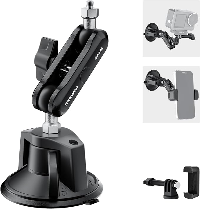 NEEWER Suction Cup Phone Holder & Camera Mount Compatible with GoPro DJI Insta360 iPhone, Car Phone Mount with Action Camera Adapter 360° Magic Arm for Vlogging Video Recording, CA158 by Neewer