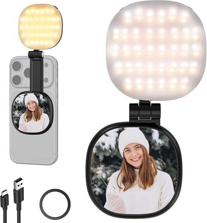 NEEWER Basics Magnetic Selfie Light Compatible with MagSafe iPhone, 2W Bi Color Small LED Phone Fill Ring Lighting CRI95+ with 360° Swivel, Mirror for Makeup Video Conference Recording, NL72B Black by Neewer