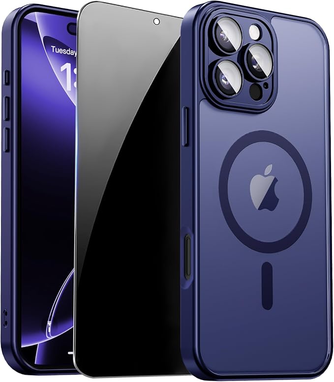 for iPhone 16 Pro Max Case with Privacy Screen Protector, Blue | Full Camera Protection, Matte Magnetic, Compatible with MagSafe, Translucent Shockproof Phone Case for iPhone 16 ProMax by ZOZDOKG