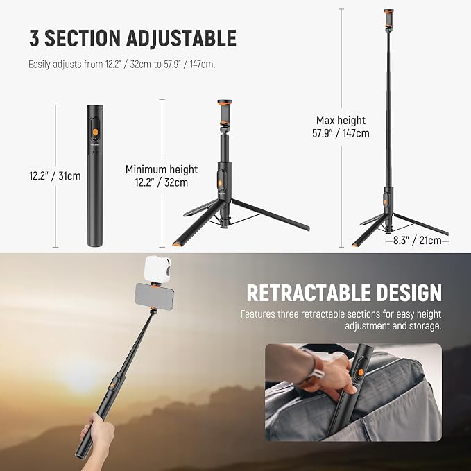 NEEWER 57.9" Selfie Stick Tripod Compatible with iPhone Samsung Android, Metal Portable Lightweight Travel Cell Phone Stand with Phone Holder Mount & Remote for Video Recording Filming, PA992 Black - Image 2