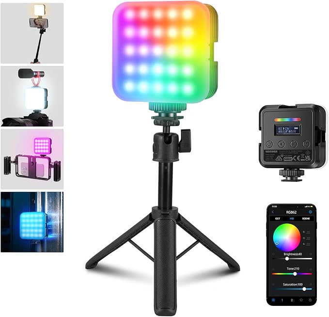 NEEWER Magnetic RGB Camera Video Light with Desk Tripod Stand & 3 Cold Shoes, Upgraded APP Control, CRI97+ 2500-8500K 2000mAh Rechargeable Photography Recording Small LED Panel Lighting, RGB62 by Neewer