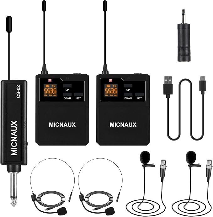 Wireless Lapel Microphone System with Headset & Lavalier Mics, Dual Bodypack Transmitters, Mini Rechargeable Receiver, 48 Channels in 500MHz UHF Band, 260ft Range for Wedding Speech Church by MICNAUX