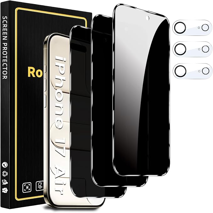 Romkasi 3 Pack Privacy Screen Protector for iPhone 17 Air 6.5 Inch with 3 Pack Camera Lens Protector, Anti Spy Tempered Glass Film, Anti-Scratch, Touch Sensitive, Case Friendly by Unknown