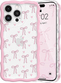 QLTYPRI for iPhone 14 Pro Max Pink Bow Case, Clear Cute Pink Ribbon Bow Phone Case Curly Wavy Aesthetic Phone Cover, Soft Slim Transparent TPU Shockproof Protective Cover for Women Girls - Love Bow by QLTYPRI
