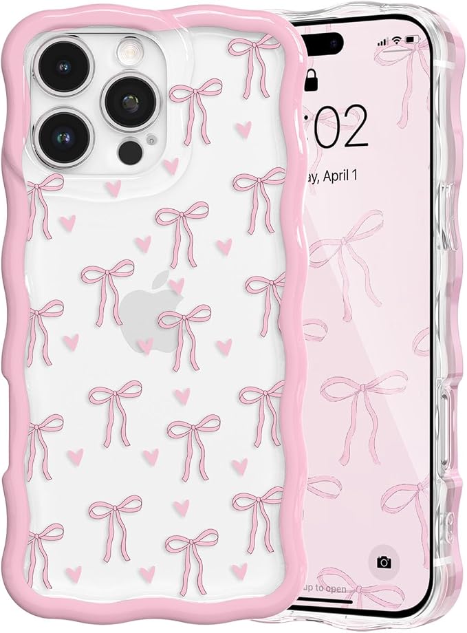 QLTYPRI for iPhone 14 Pro Max Pink Bow Case, Clear Cute Pink Ribbon Bow Phone Case Curly Wavy Aesthetic Phone Cover, Soft Slim Transparent TPU Shockproof Protective Cover for Women Girls - Love Bow by QLTYPRI