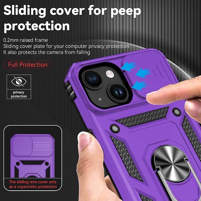 HNHYGETE for iPhone 15 Case with HD Screen Protector: [Military Grade 20ft. Drop Tested] Ring Shockproof Protective Phone Case for - iPhone 15 Purple - Image 4
