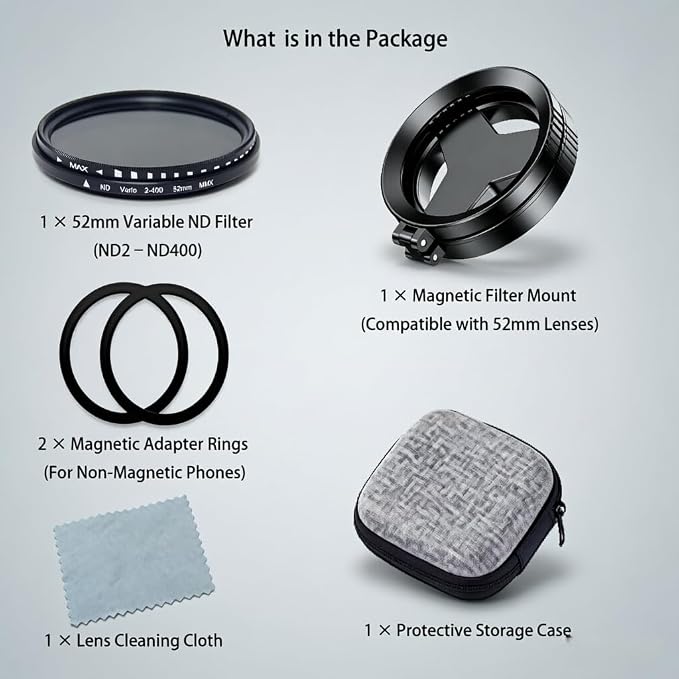 Magnetic 52mm Variable ND Filter for iPhone 17-13, ND2-400 Lens Filter | 52mm Neutral Density Lens, Adjustable Filter and Stand, Glass Optics, Quick Mount, Compatible with iPhone 17/16/15/14/13 - Image 5