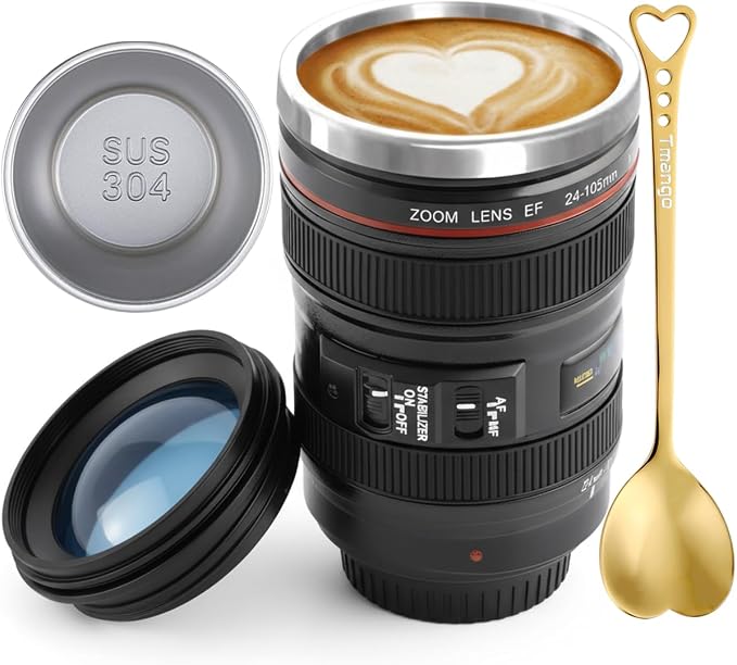 Camera Lens Coffee Mug with Clear Lid and Spoon – Lightweight Lens Cup Replica, Gift for Photographers by TMANGO