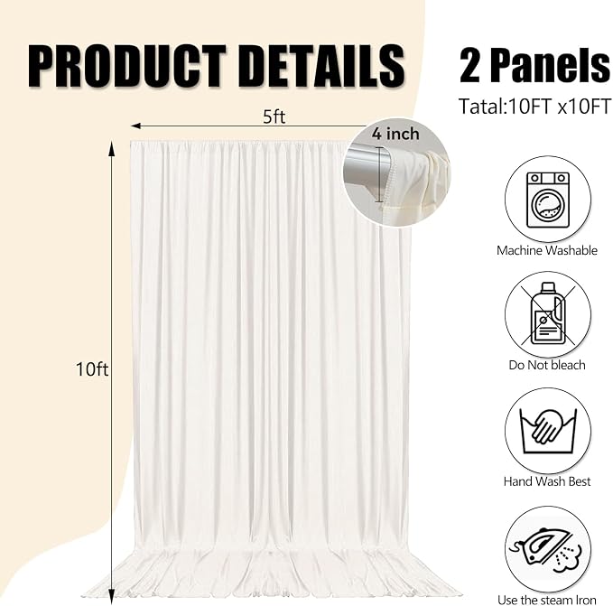 10ft x 10ft Ivory White Backdrop Curtains for Parties, Polyester Fabric Backdrop Drapes with Rod Pockets for Weddings, Birthday, Halloween, Photography, Christmas Party Background Curtain, 2 Panels - Image 2