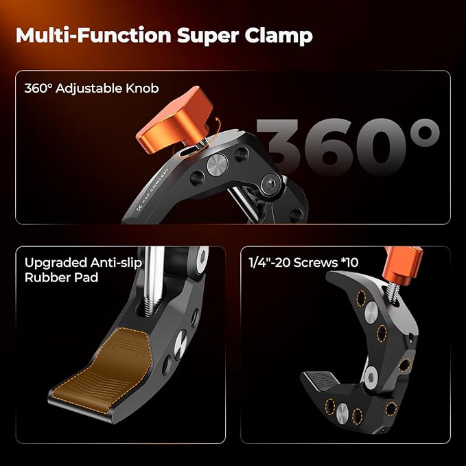 K&F CONCEPT 2 Pack Camera Mount Clamp, Super Crab Clamp with 1/4" Thread Holes for Round Pipe Flat Surface, Monitors, LED Lights, and Other Photographic Accessories - Image 2