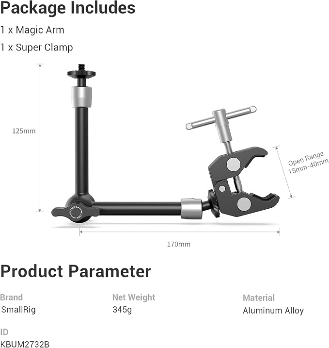 SMALLRIG Clamp w/ 1/4" and 3/8" Thread and 9.8 Inches Adjustable Friction Power Articulating Magic Arm with 1/4" Thread Screw for LCD Monitor/LED Lights - KBUM2732B - Image 3