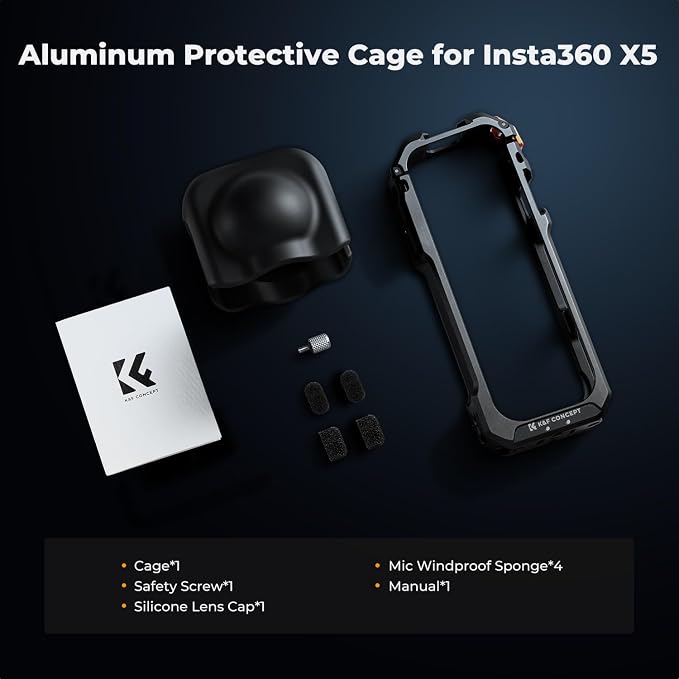 K&F Concept Standard Camera Cage with Silicone Lens Cover for Insta360 X5 | Aluminum Alloy Protective Frame Case |1/4" Screw Hole | 2 Cold Shoe Mounts for Microphone and LED Video Light CI01 - Image 8