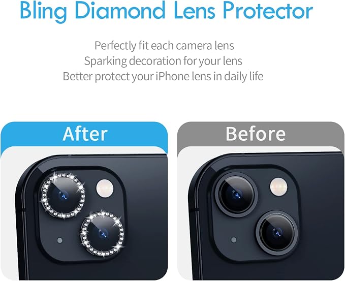 for iPhone 13/13 Mini Camera Lens Protector Bling Diamond, Black | Individual Metal, 9H Hardness, Scratch Resistant, Shockproof, Drop Protection, Case Friendly, Stylish Accessories - Image 6
