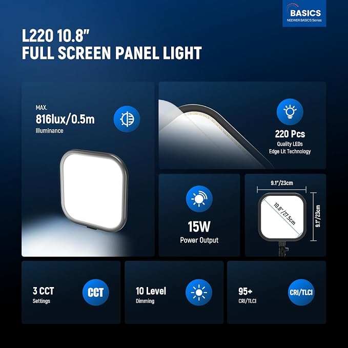 NEEWER Basics 2 Pack 15W 10.8" LED Video Light Panel Lighting Kit with 63" Tripod Stands, Edge Lit Bi Color Dimmable Studio Light 816lux CRI95+ for Photography Filming Recording Streaming, L220 - Image 2