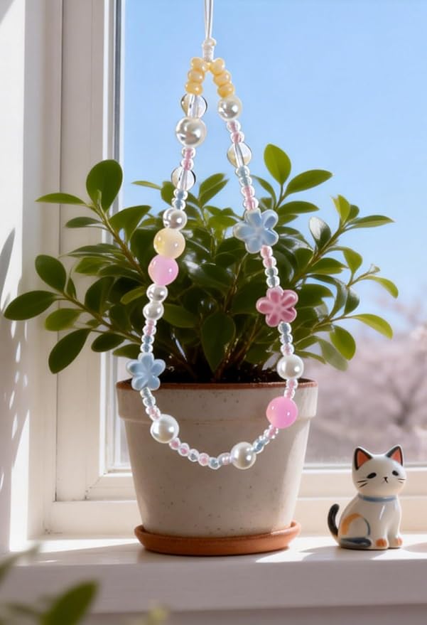 2 Pcs Phone Charm Strap Hand for iPhone Wrist Strap Camera Lanyard Pearl Beaded Cute Chain String Accessories Universal for iPhone 17 Pro Max 16 15 Samsung Women Girls Keychain Bow Flower Blue Flower - Image 9