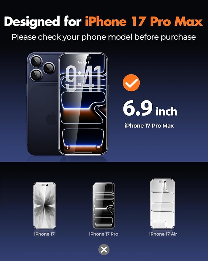 UNBREAKcable iPhone 17 Pro Max Screen Protector & Camera Lens Protector | Upgraded Dual-Tempered Glass with Military-Grade 9H Hardness, 3-Pack,HD Clarity, Anti-Fingerprint, Case Friendly, Fits 6.9'' - Image 2