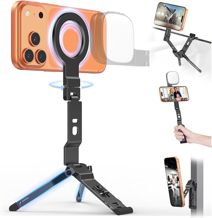 OMOTON TP03 [Ultra-Slim] 360° Rotating for MagSafe Tripod Stand with Hook | Tripod for iPhone 17 & Android, Dual-Side Magnetic, 1/4" Screw, Fits Vlog, Gym, Travel Essential Accessories, Women Men Gift by OMOTON