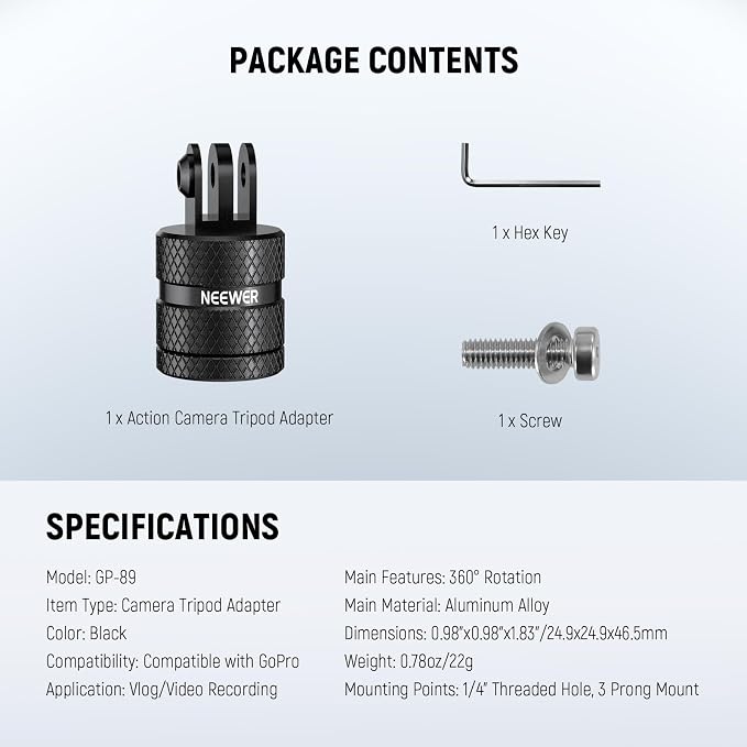 NEEWER Action Camera Tripod Mount Adapter Compatible with GoPro Hero 13 Go Pro 12 11 10 9 Black DJI Osmo Action 5 Pro 4 3, 360° Swivel 1/4"-20 to 3 Prong Mount for Standard 1/4 Accessories, GP-89 - Image 7