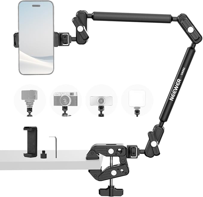 NEEWER Basics Magic Arm Table Stand, 55 cm Microphone Arm Overhead Mobile Phone Holder Desk with 1/4" 3/8" Threads for ARRI, for DSLR Action Cam Webcam Mic LED Light for Video Reinforcement, UA061 by Neewer