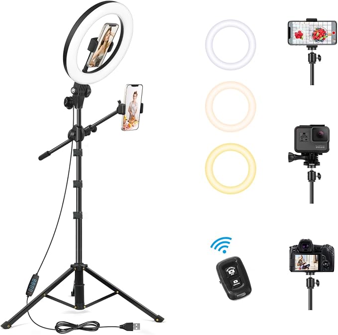LUXSURE Ring Light with 62'' Tripod Stand for Video Recording, 10.5'' Ring Light Tripod for iPhone with 2 Shooting Positions, Overhead Phone Mount for YouTube, Makeup, Cooking by LUXSURE