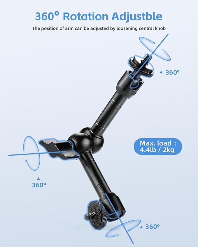 UTEBIT 9 inch Magic Arm with Super Clamp and 360° Ball Heads, Black | Articulating Magic Arm Camera Mount with 1/4" & 3/8" Threads Screws for Monitor,Flash, Microphone, Camera Cage, Action Camera - Image 3