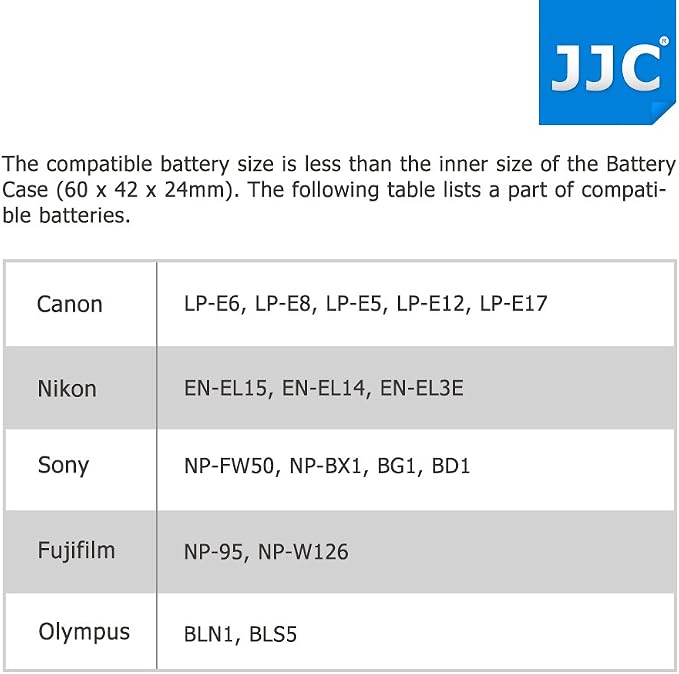 4-Pack JJC Compatible Camera Battery Case for Canon LP-E6N LP-E8 LP-E12 LP-E17 for Nikon EN-EL15 EN-EL14A for Sony NP-FZ100 NP-FW50 NP-FM500H NP-BX1 for Fujifilm NP-W126S NP-95 for Olympus BLN-1 BLS-5 - Image 8