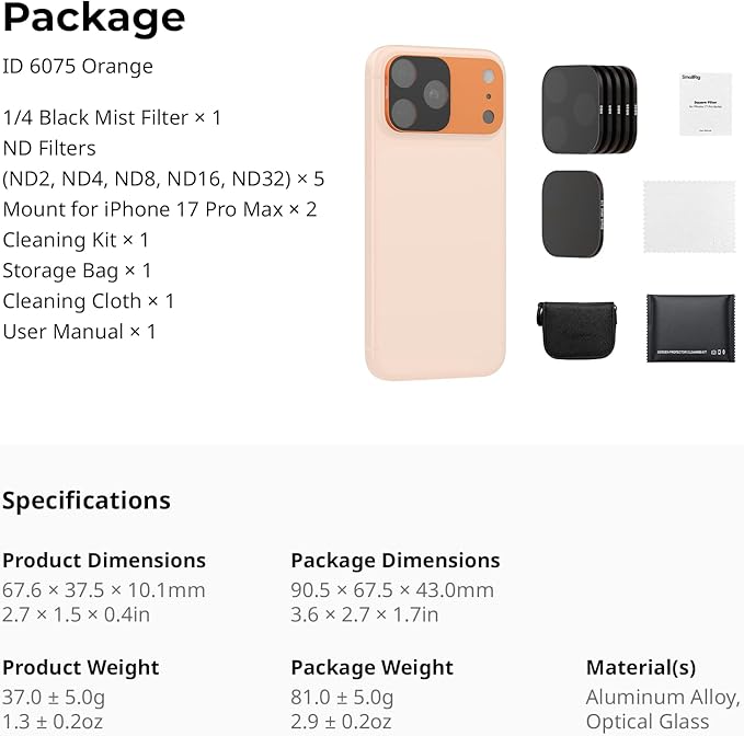 SmallRig Square ND & Black Mist Filter Kit for iPhone 17 Pro Max, Magnetic Lens Filters with Base Mount, Black Mist Diffusion 1/4 Filter/ND2/ND4/ ND8/ND16/ND32, 6 Pack, Orange- 6075 - Image 6
