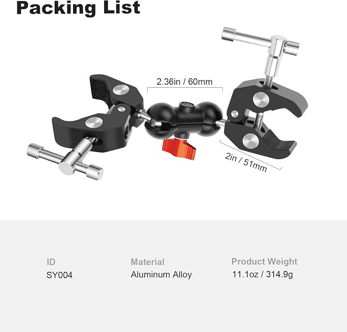 Double Super Clamp Camera Mount with Magic Arm, Aluminum Double Clamp Mount Umbrella Holder for Desk, Studio Light/Boom Stand, Photography Reflector, Cross Bars, Bike/Motor Handlebars (SY004) - Image 8