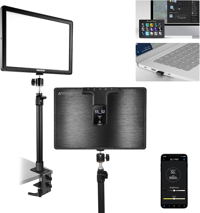 NEEWER 15.5" LED Streaming Key Light, Clamp on Desk Panel Video Lighting for Gaming Recording Zoom Call, CRI97+, 2.4G PC/Mac iOS/Android APP Control, Compatible with Elgato Stream Deck, GL1 PRO Black | Video Lighting Gaming Recording Zoom Call, CRI97+,... by Neewer