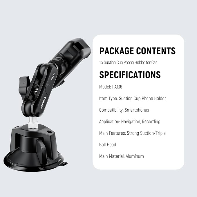 NEEWER Phone Holder for Your Car, 360° Rotating Vacuum Suction Cup Metal Cell Phone Mount Magic Arm Compatible with iPhone Samsung for UTV Windshield Skylight Glass Navigation Video Recording, PA136 - Image 8