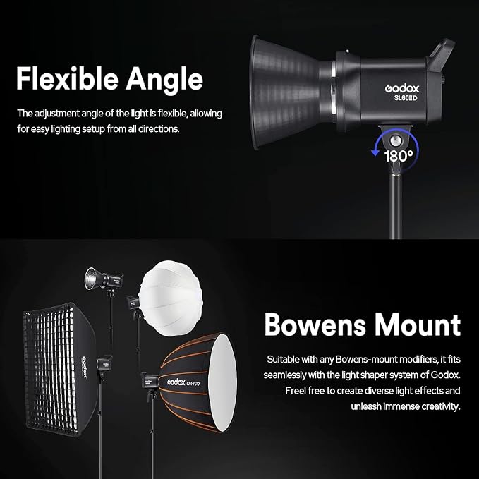 Godox SL60 SL60IID 70W LED Video Light, Cob Video Light Bowens Mount LED Studio Light, Support APP Control, CRI96+ TLCI97+, Daylight 5600K, 18600Lux@1m, Built-in 8 FX Effects, Dimmable Brightness - Image 9