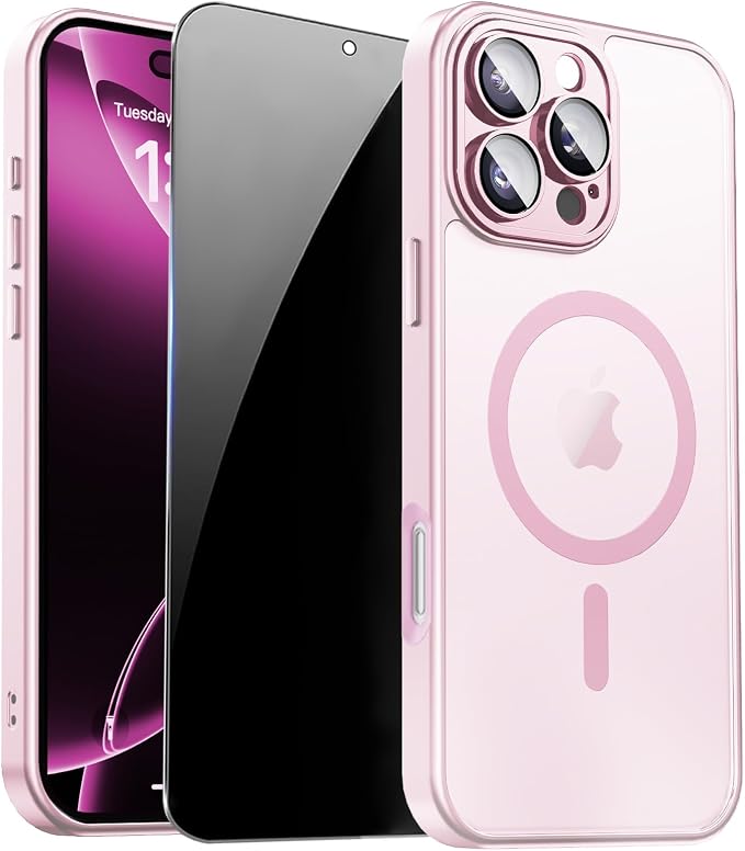 Magnetic for iPhone 16 Pro Max Case with Privacy Screen, Pink | Full Camera Protector, Matte Translucent, Privacy Screen Protector, Compatible with MagSafe, Shockproof Cover for Women Girls by ZOZDOKG