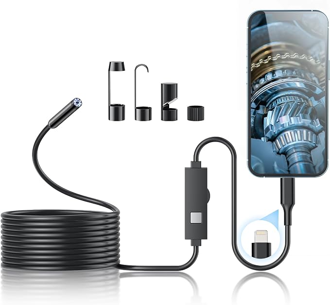 Endoscope Camera with Light, 1920P HD Borescope Tools with 8 Adjustable LED Lights, Endoscope with Semi-Rigid Snake Camera, Inspection Borescope for iOS - 16.3ft Single Line Single Lens（Not Android） by Kinpthy