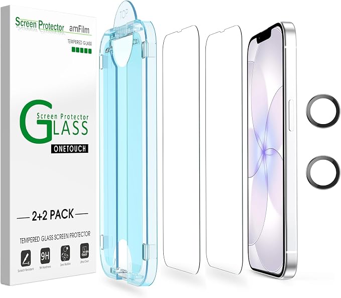 amFilm OneTouch for iPhone 17e Screen Protector 6.1'' Tempered Glass | Auto-Alignment, 30s Install, Bubble Free, Scratch & Drop Protection, HD Clear, Camera Lens Protector, 2+2 Pack (17E-6.1'') by amFilm