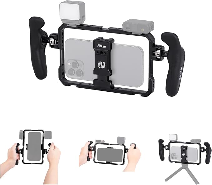 Nitze Smartphone Cage Universal Phone Video Rig - T-MP01B | Ergonomic Side Handles, Adjustable Cellphone Clamp, 5 Built-in Cold Shoes, For Vlogger and Videographer by Nitze
