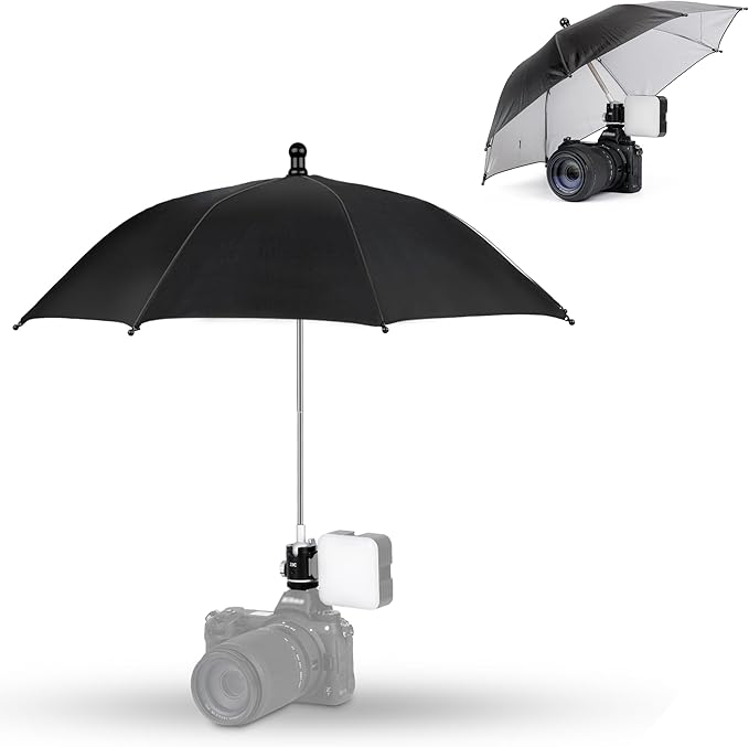 Upgrade Camera Hot Shoe Umbrella Sunshade with 3 Level Height Adjustable | with Extra Cold Shoe Mount,360°Adjustable,Rain Cover Protector Sunshade for Canon Sony Nikon Fuji DSLR & Mirrorless Cameras by Kiorafoto