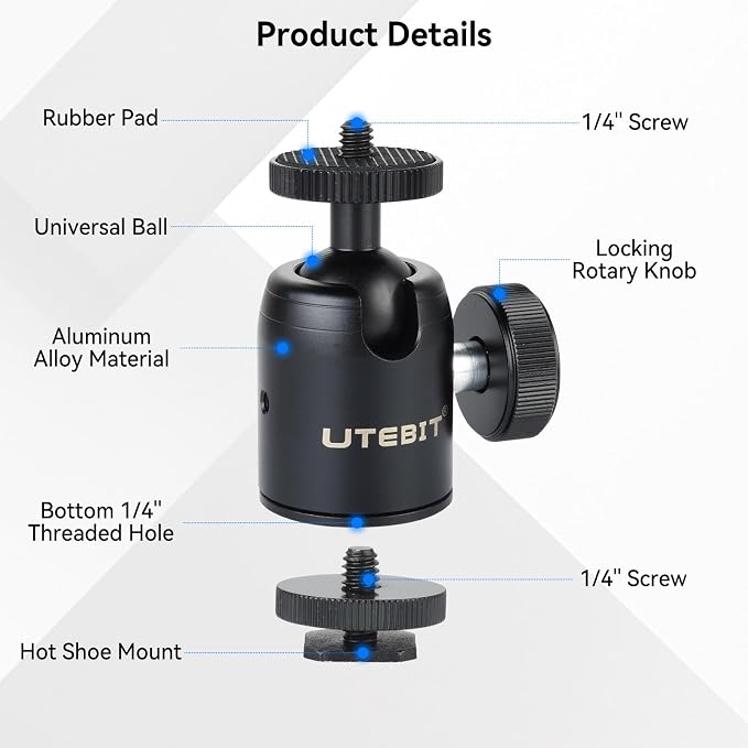 UTEBIT Mini Ball Head, with 3/8" to 1/4" Adapter Ballheads Black | 360° Pan 90° Tilt Tripods Mount with 24mm Ball Head Metal Low Profile, Camera Mount Adapter Holder for Phone/DLSR Camera - Image 6