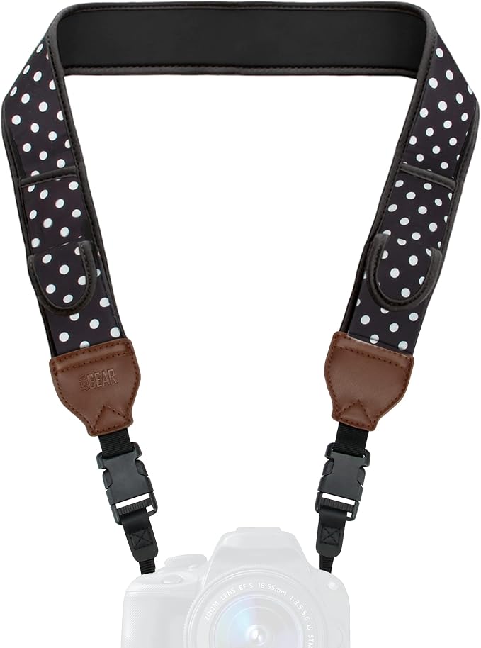 USA Gear TrueSHOT Camera Strap Neoprene Camera Straps - Padded Neck Strap, Pockets, and Quick Release Buckles - Compatible with Canon, Nikon, Sony and More DSLR and Mirrorless Cameras (Polka Dot) by USAGEAR